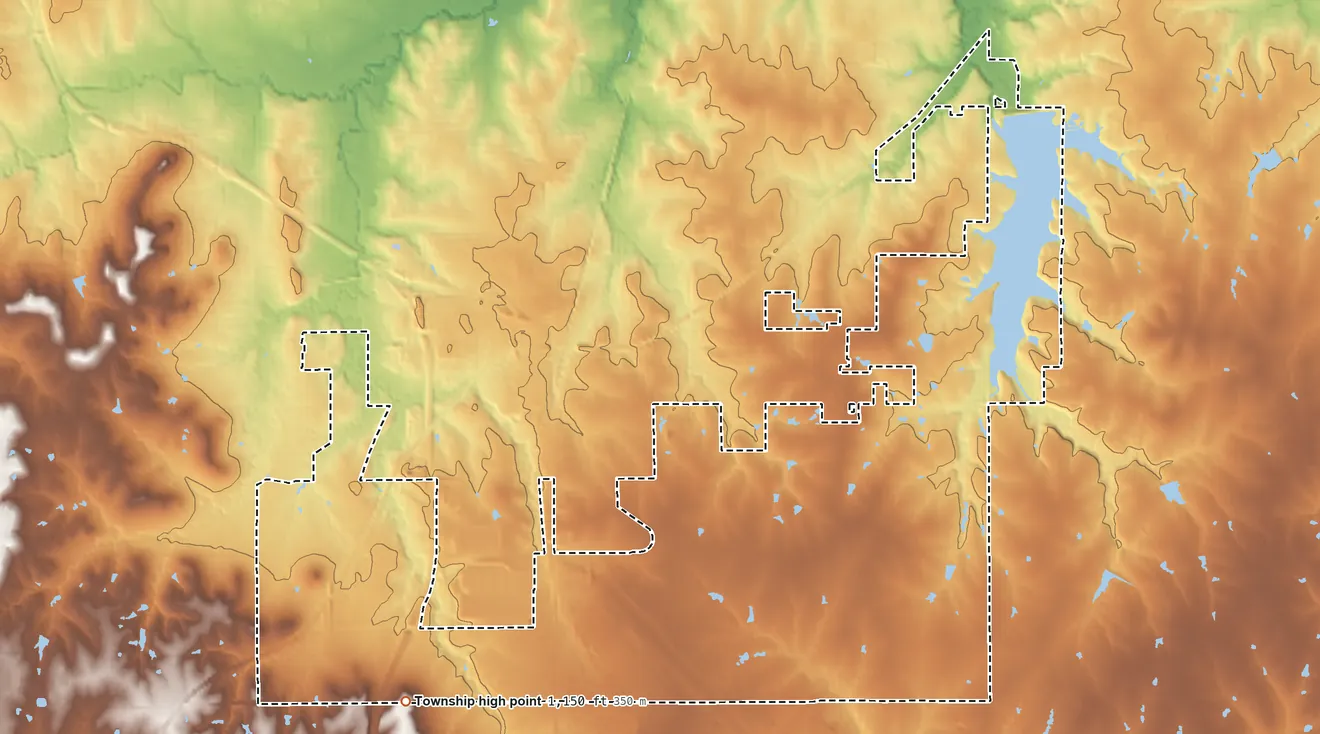 Topographic elevation map of Topeka Township, Kansas, shaded from 860 ft on the north side to 1,150 ft on the southwest side