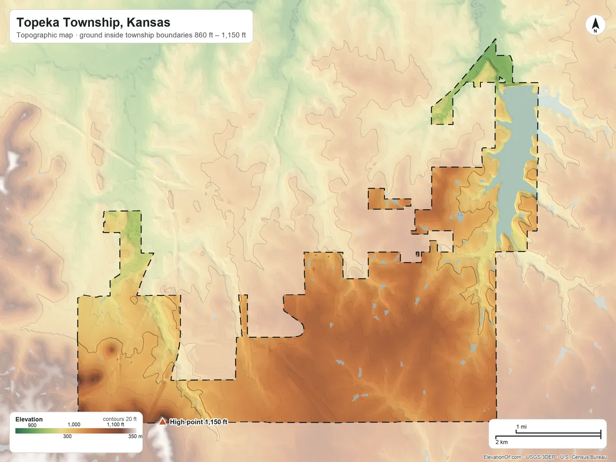Topographic elevation map of Topeka Township, Kansas, shaded from 860 ft on the north side to 1,150 ft on the southwest side