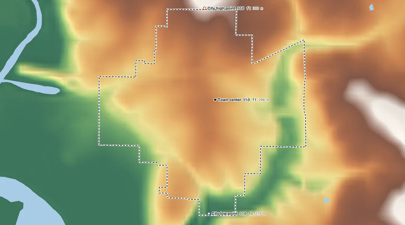 Topographic elevation map of Toronto, Kansas, shaded from 910 ft on the south side to 980 ft on the north side