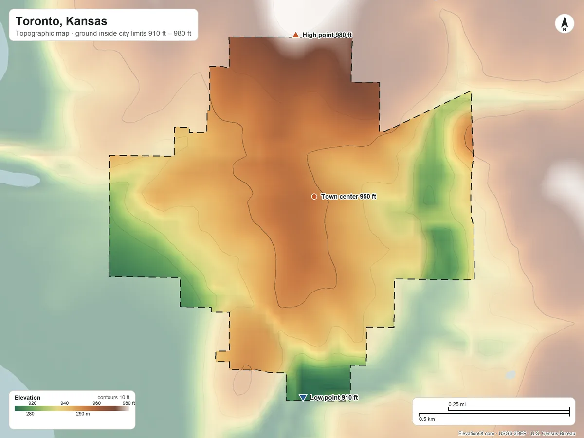 Topographic elevation map of Toronto, Kansas, shaded from 910 ft on the south side to 980 ft on the north side