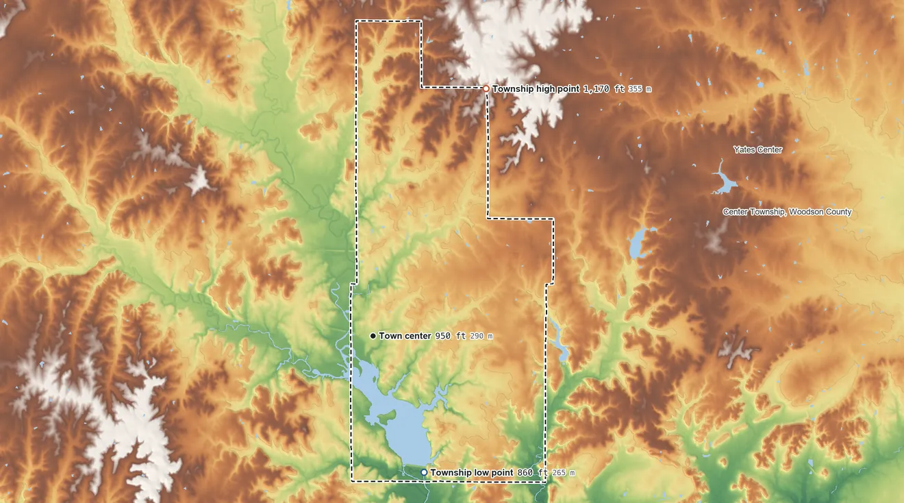 Topographic elevation map of Toronto Township, Kansas, shaded from 860 ft on the south side to 1,170 ft on the northeast side