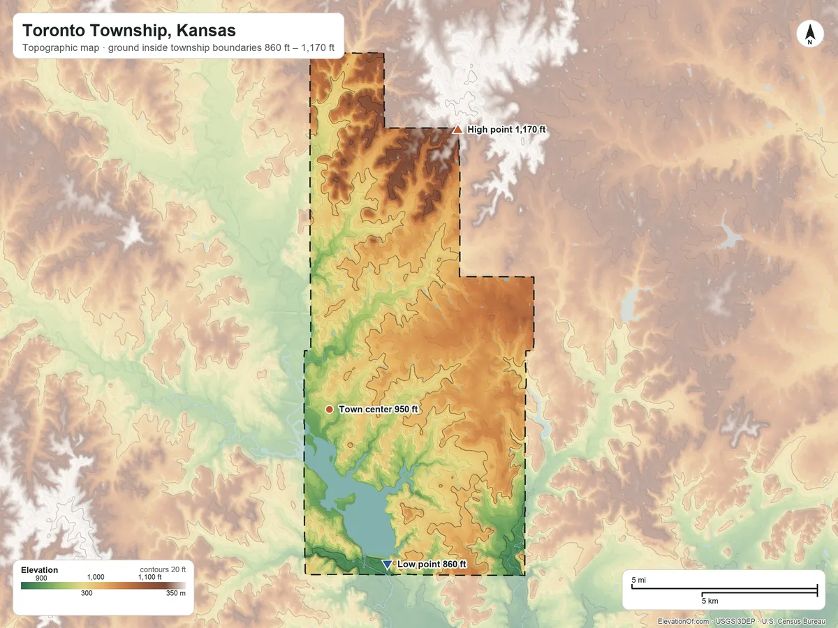 Topographic elevation map of Toronto Township, Kansas, shaded from 860 ft on the south side to 1,170 ft on the northeast side