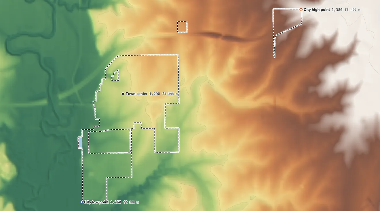 Topographic elevation map of Towanda, Kansas, shaded from 1,250 ft on the south side to 1,380 ft on the northeast side