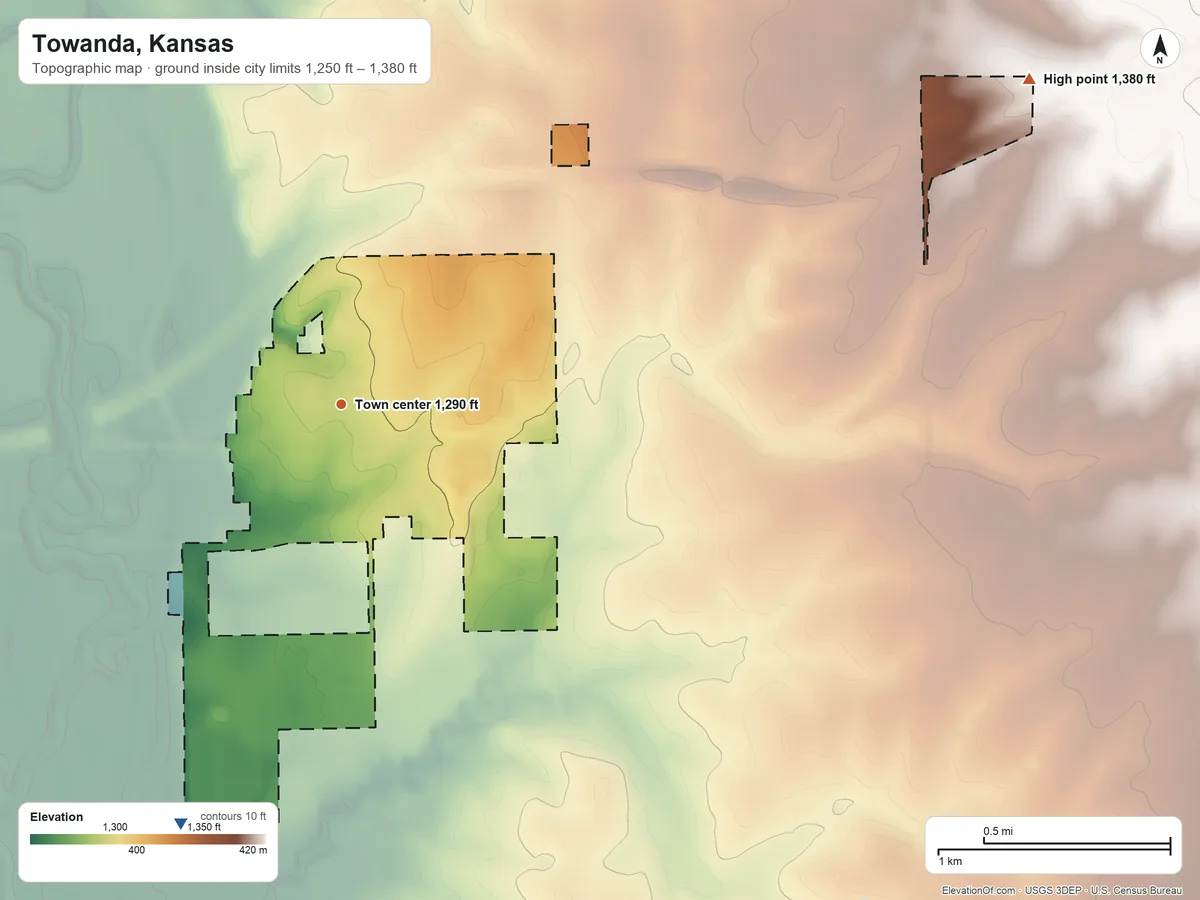 Topographic elevation map of Towanda, Kansas, shaded from 1,250 ft on the south side to 1,380 ft on the northeast side