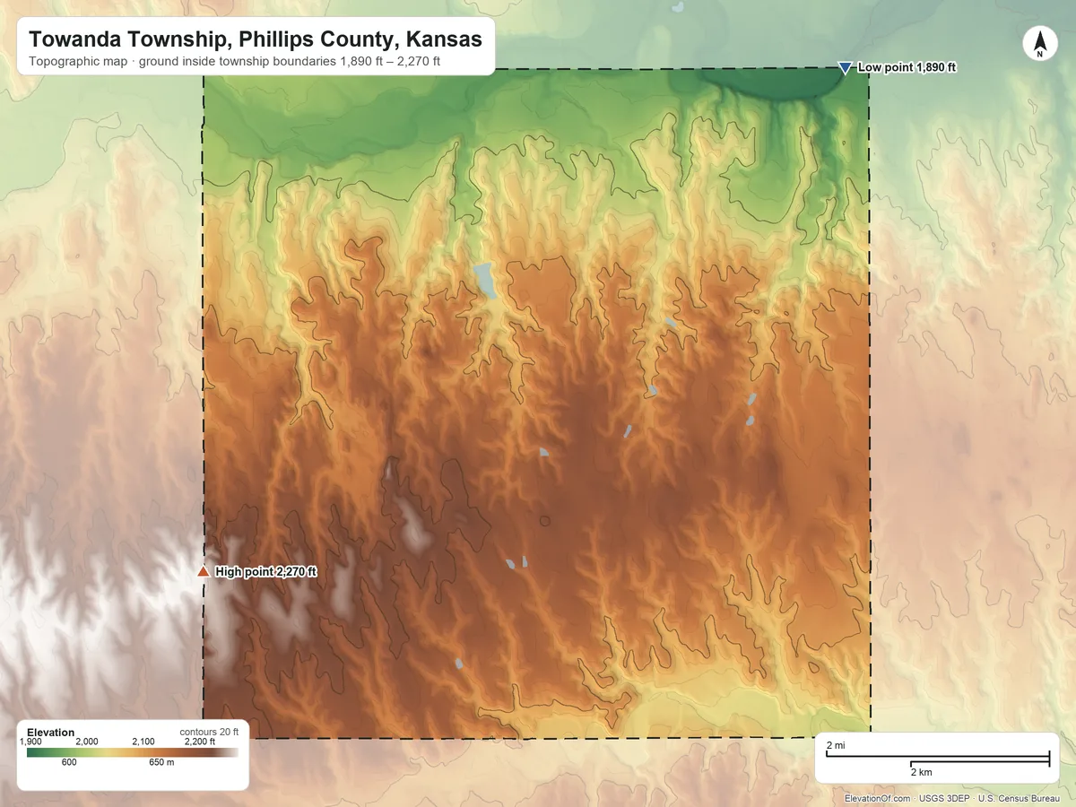 Topographic elevation map of Towanda Township, Phillips County, Kansas, shaded from 1,890 ft on the northeast side to 2,270 ft on the southwest side