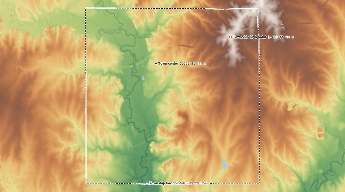 Topographic elevation map of Towanda Township, Kansas, shaded from 1,220 ft on the south side to 1,410 ft on the east side