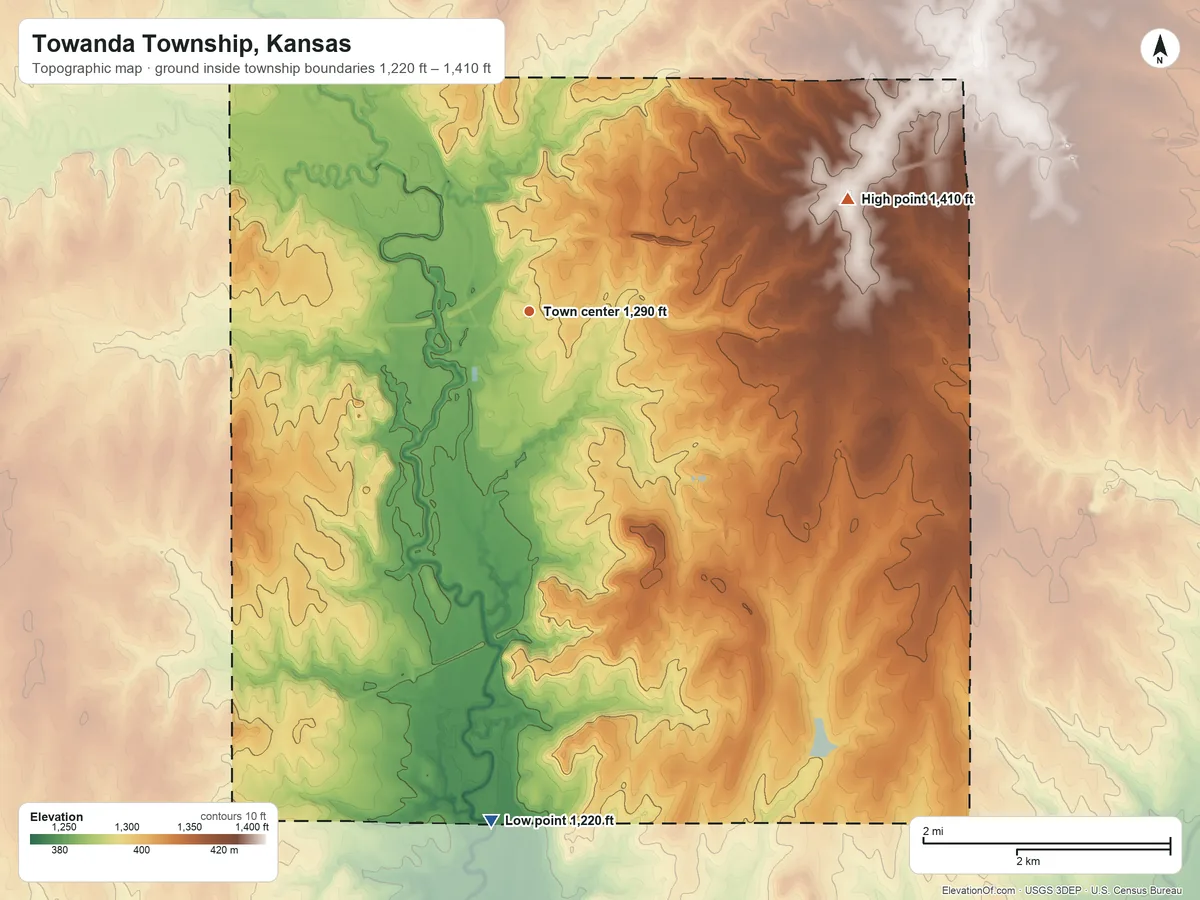 Topographic elevation map of Towanda Township, Kansas, shaded from 1,220 ft on the south side to 1,410 ft on the east side
