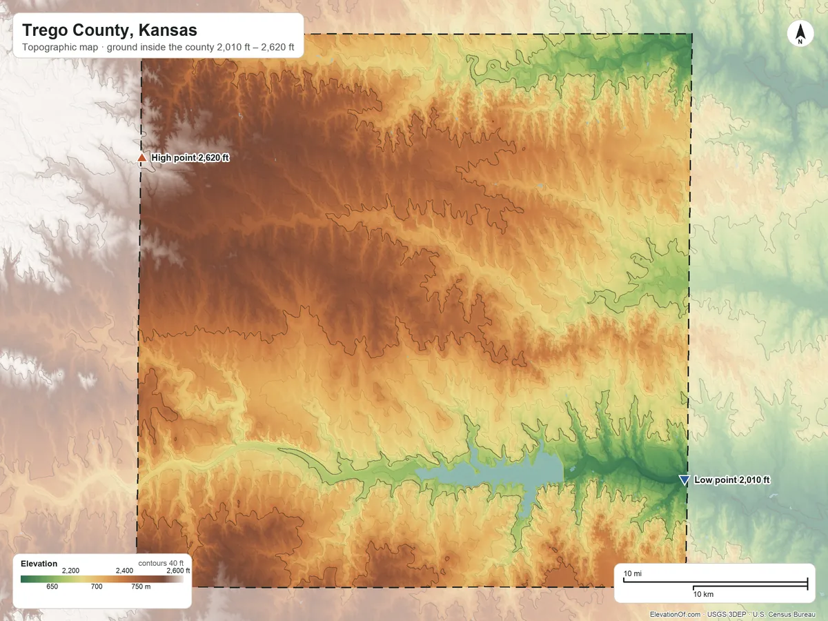 Topographic elevation map of Trego County, Kansas, shaded from 2,010 ft on the southeast side to 2,620 ft on the northwest side