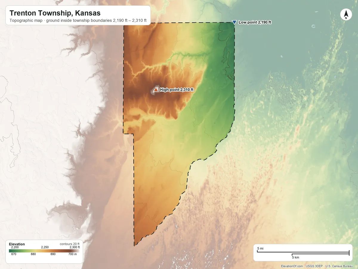 Topographic elevation map of Trenton Township, Kansas, shaded from 2,190 ft on the northeast side to 2,310 ft on the southeast side