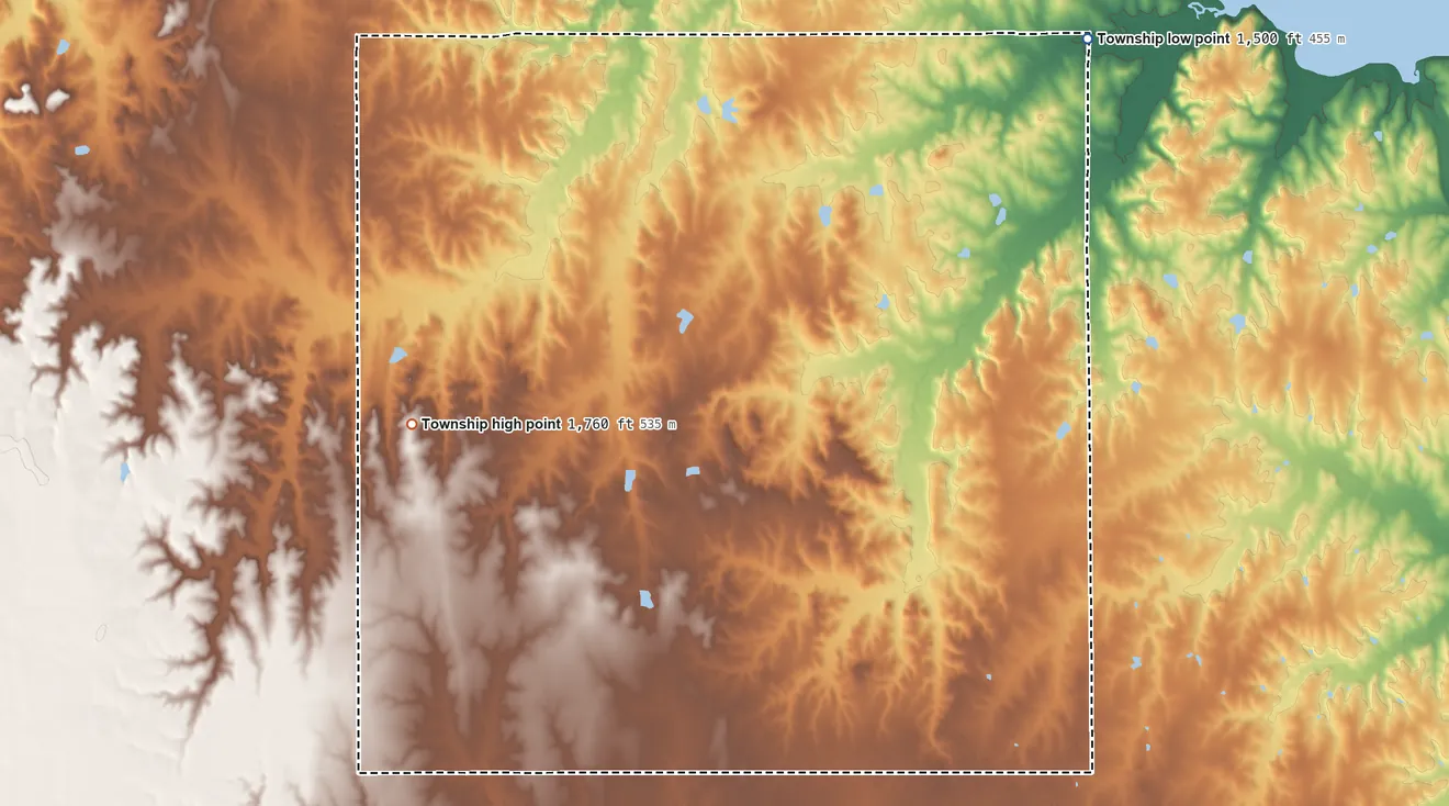 Topographic elevation map of Trivoli Township, Kansas, shaded from 1,500 ft on the northeast side to 1,760 ft on the west side