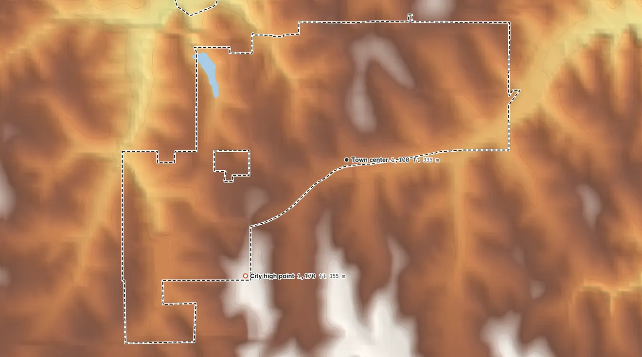 Topographic elevation map of Troy, Kansas, shaded from 930 ft on the north side to 1,170 ft on the southwest side