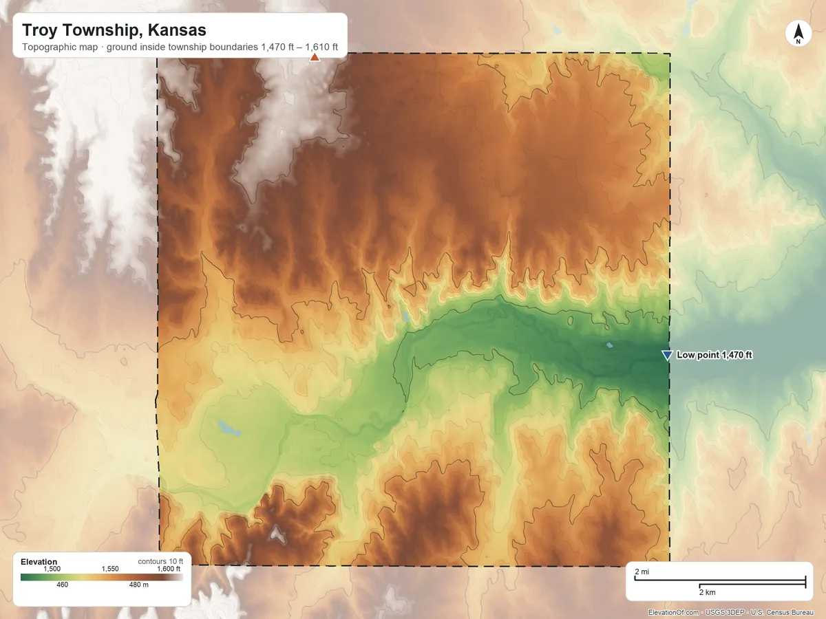 Topographic elevation map of Troy Township, Kansas, shaded from 1,470 ft on the east side to 1,610 ft on the north side