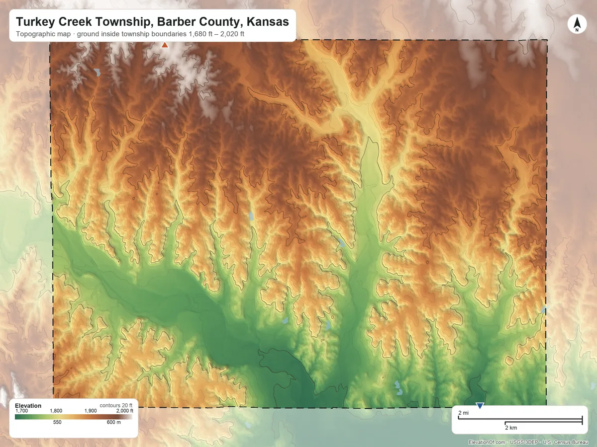 Topographic elevation map of Turkey Creek Township, Barber County, Kansas, shaded from 1,680 ft on the southeast side to 2,020 ft on the northwest side
