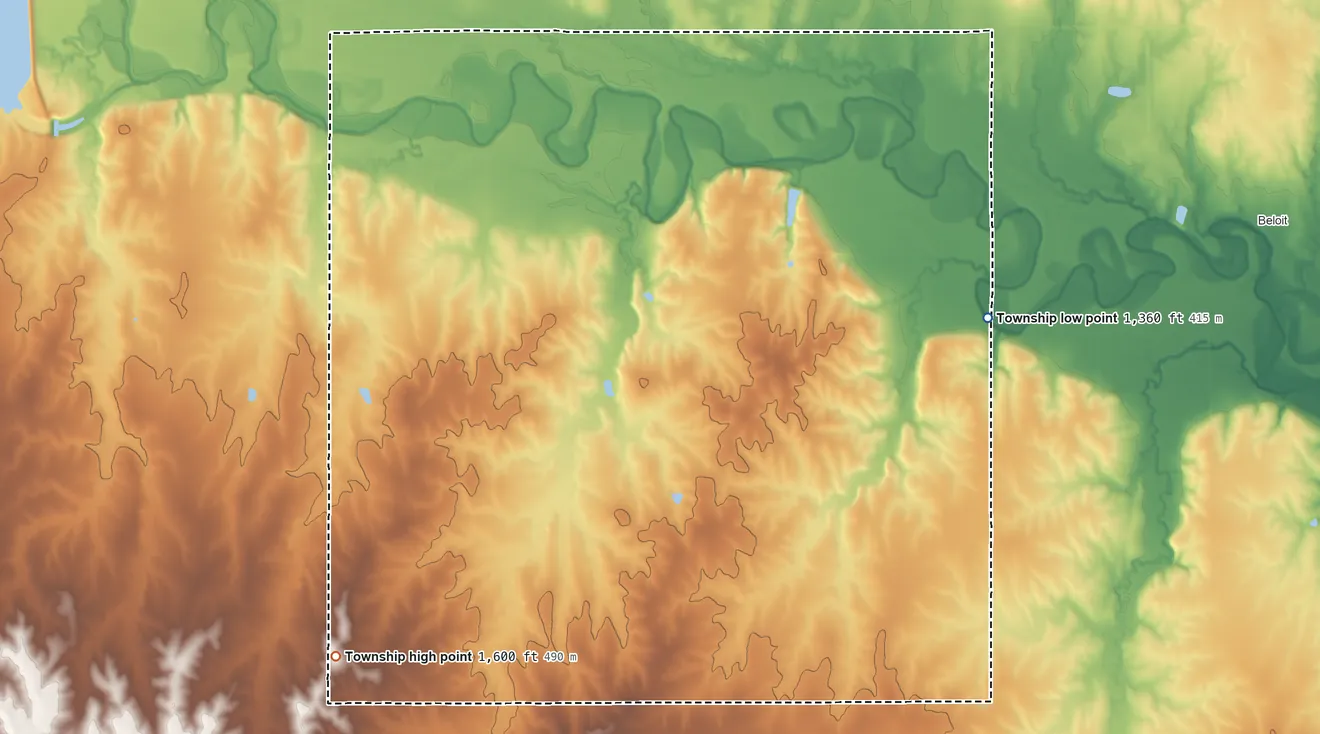 Topographic elevation map of Turkey Creek Township, Mitchell County, Kansas, shaded from 1,360 ft on the northeast side to 1,600 ft on the southwest side