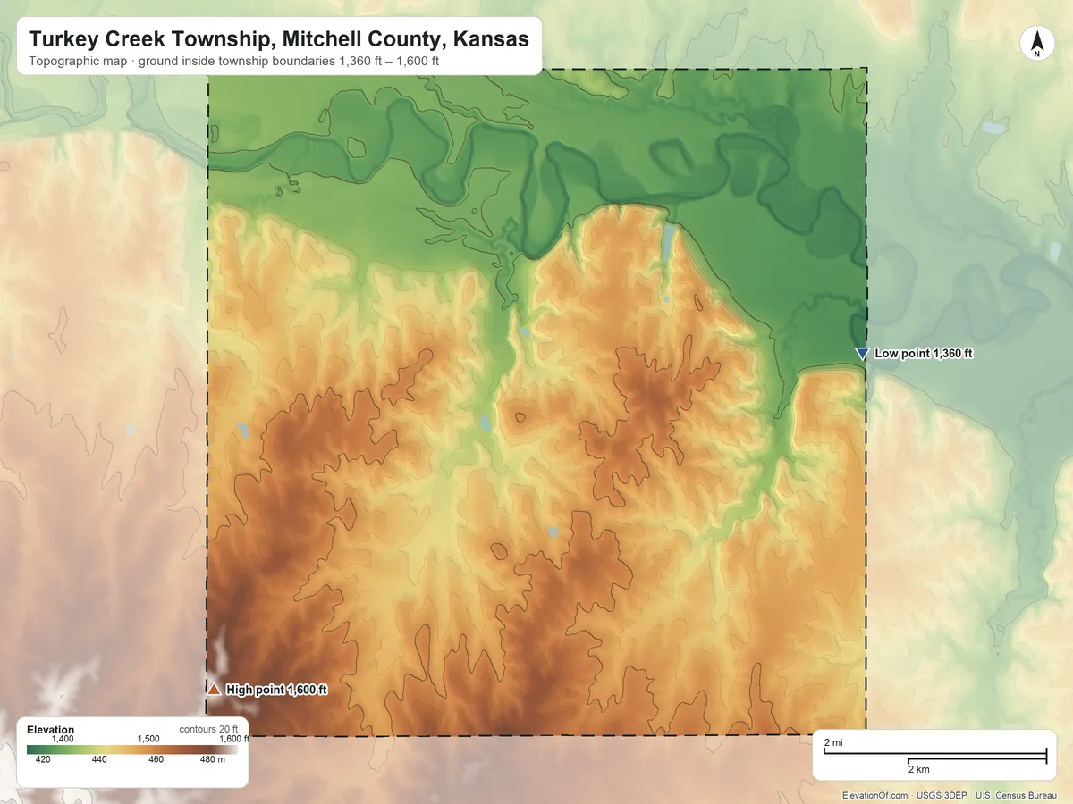 Topographic elevation map of Turkey Creek Township, Mitchell County, Kansas, shaded from 1,360 ft on the northeast side to 1,600 ft on the southwest side