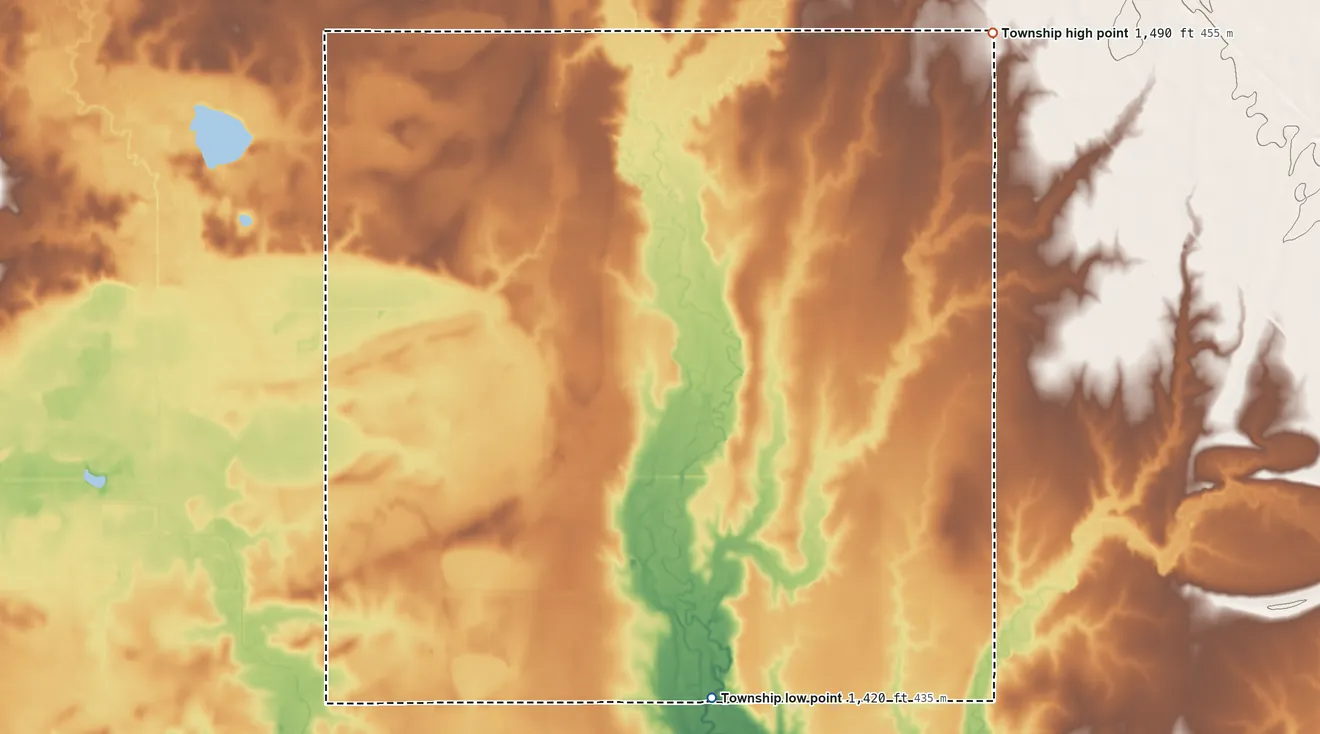 Topographic elevation map of Turkey Creek Township, Kansas, shaded from 1,420 ft on the south side to 1,490 ft on the northeast side