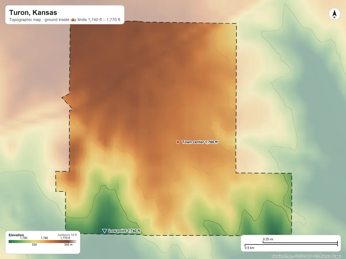 Topographic elevation map of Turon, Kansas, shaded from 1,740 ft on the southwest side to 1,770 ft on the northwest side