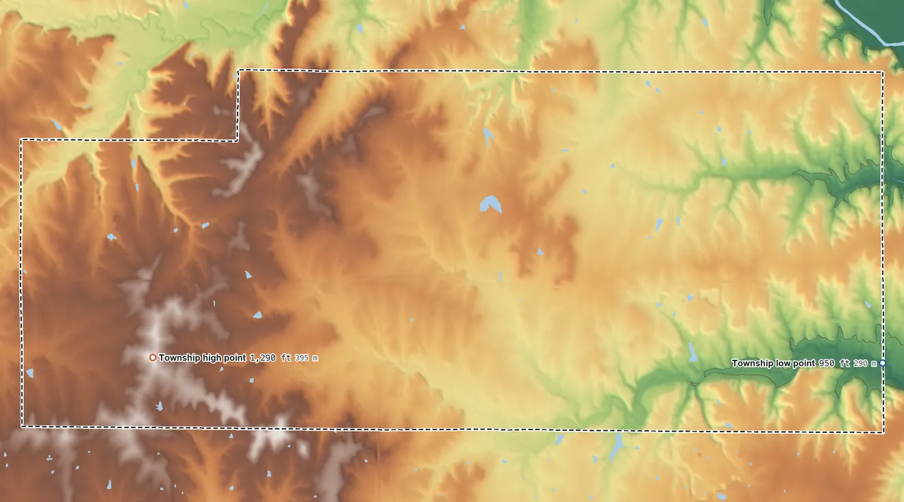 Topographic elevation map of Twin Grove Township, Kansas, shaded from 950 ft on the east side to 1,290 ft on the west side