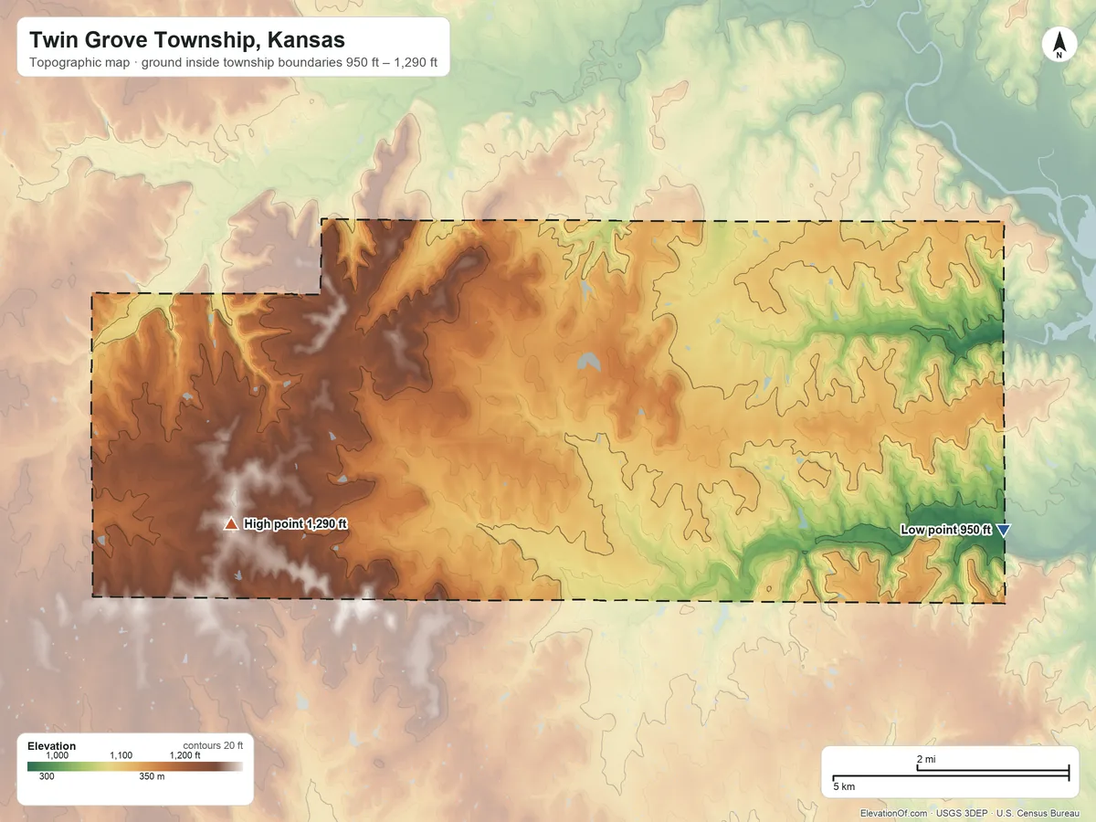 Topographic elevation map of Twin Grove Township, Kansas, shaded from 950 ft on the east side to 1,290 ft on the west side