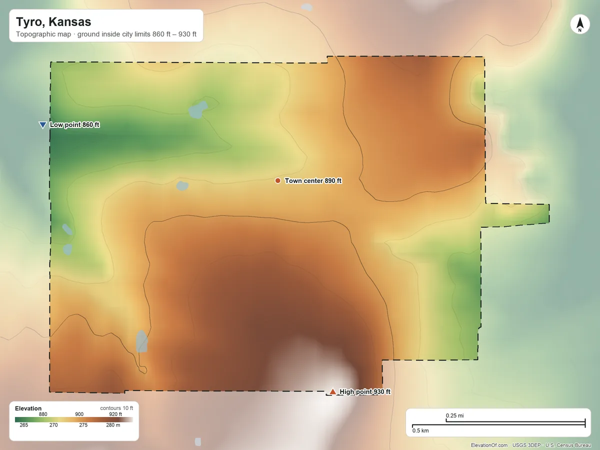 Topographic elevation map of Tyro, Kansas, shaded from 860 ft on the west side to 930 ft on the south side