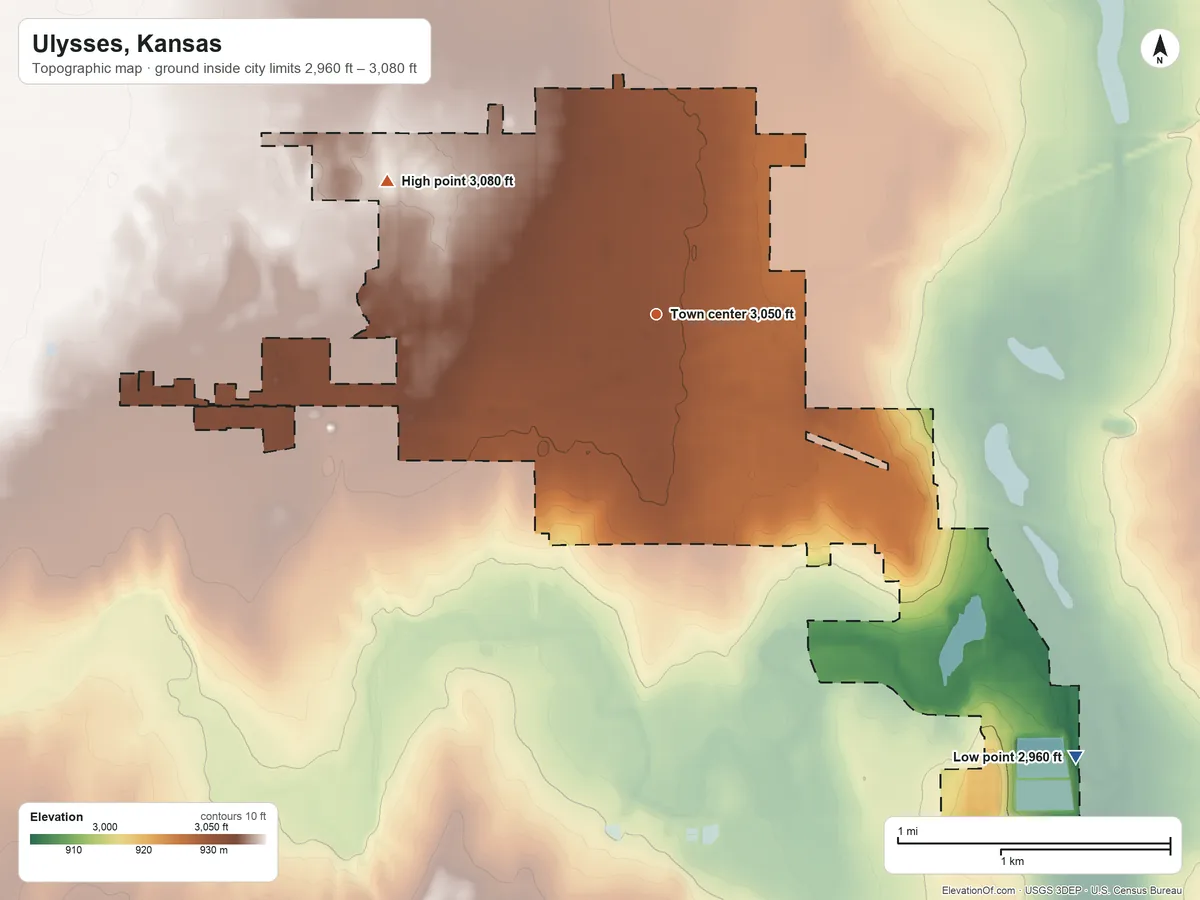 Topographic elevation map of Ulysses, Kansas, shaded from 2,960 ft on the southeast side to 3,080 ft on the northwest side