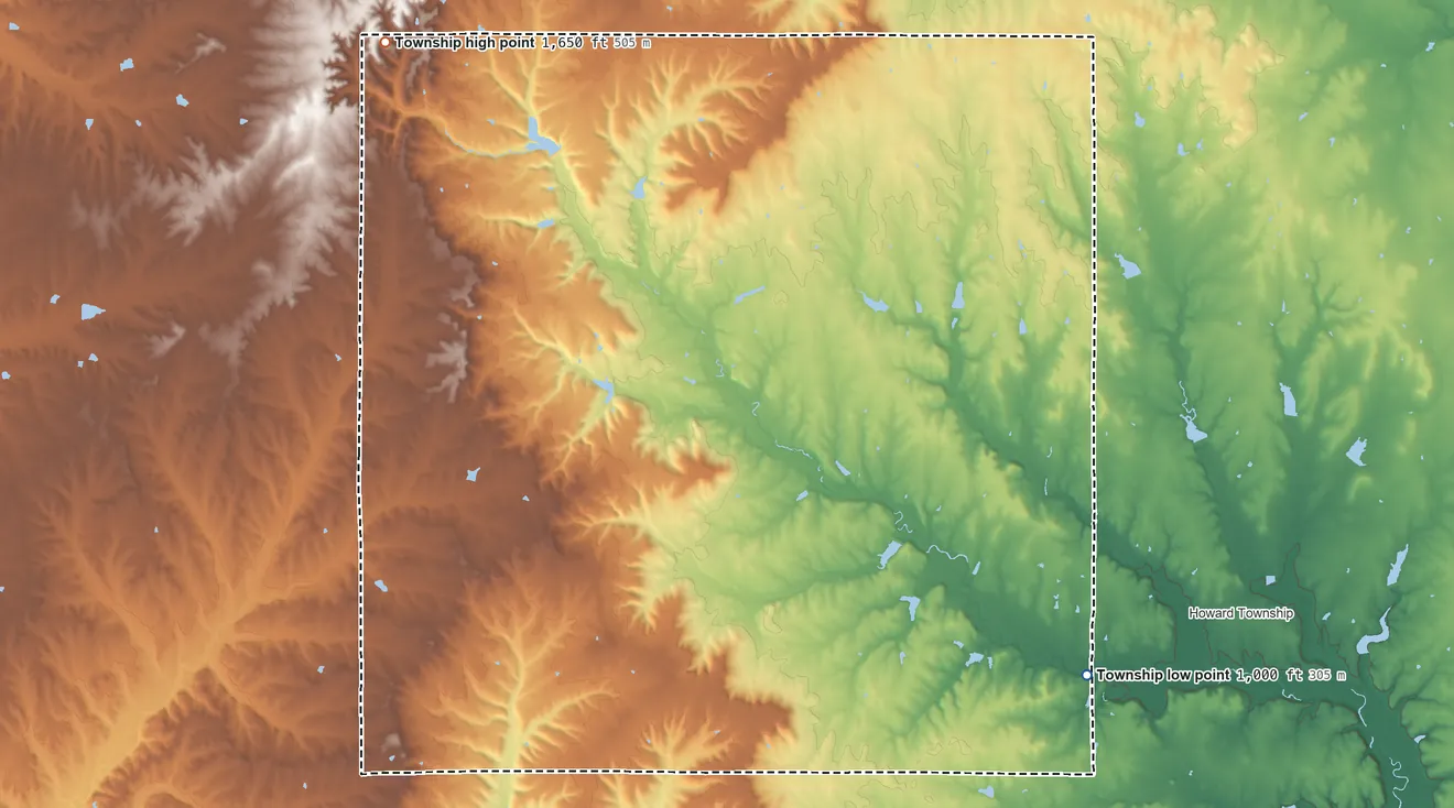 Topographic elevation map of Union Center Township, Kansas, shaded from 1,000 ft on the southeast side to 1,650 ft on the northwest side