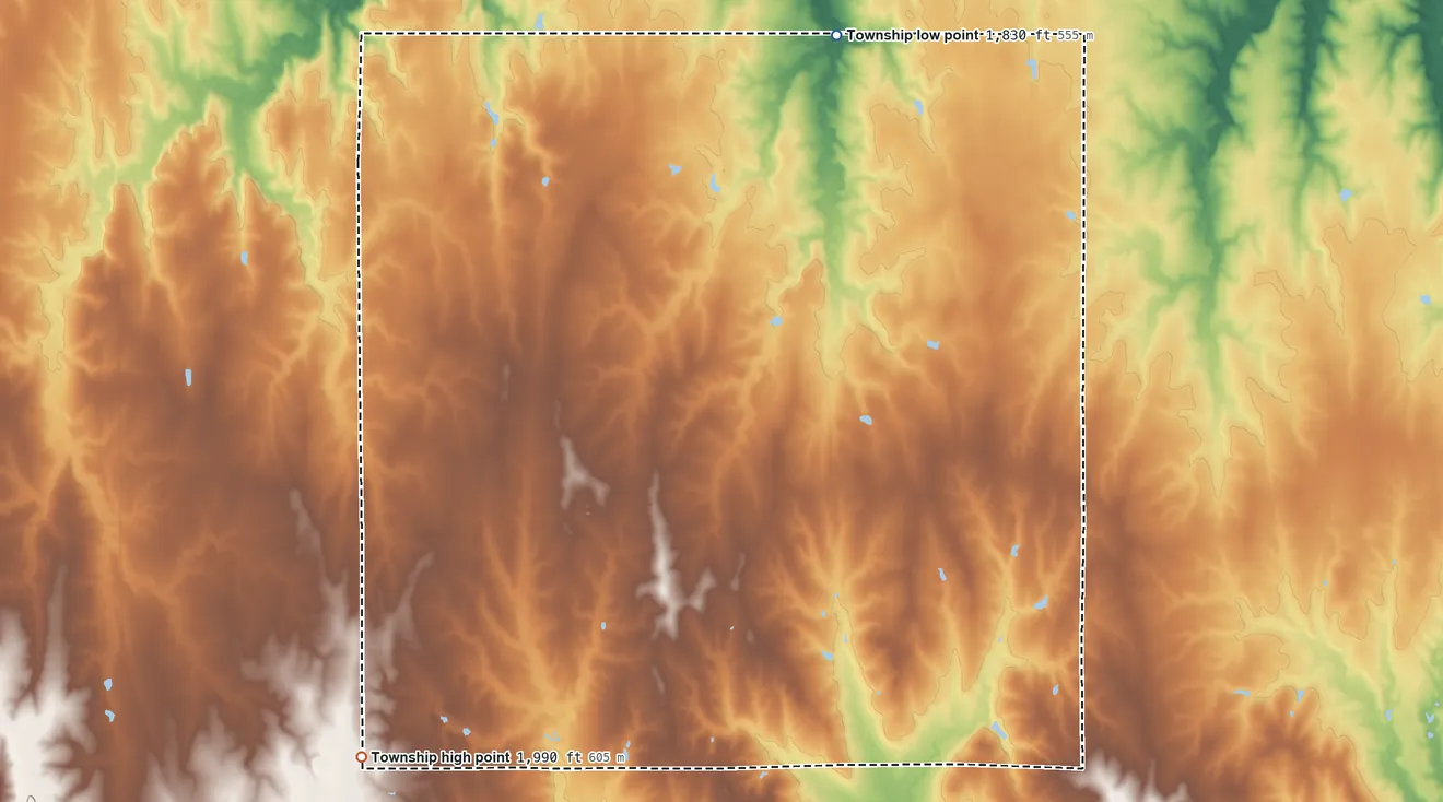 Topographic elevation map of Union Township, Barton County, Kansas, shaded from 1,830 ft on the northeast side to 1,990 ft on the southwest side