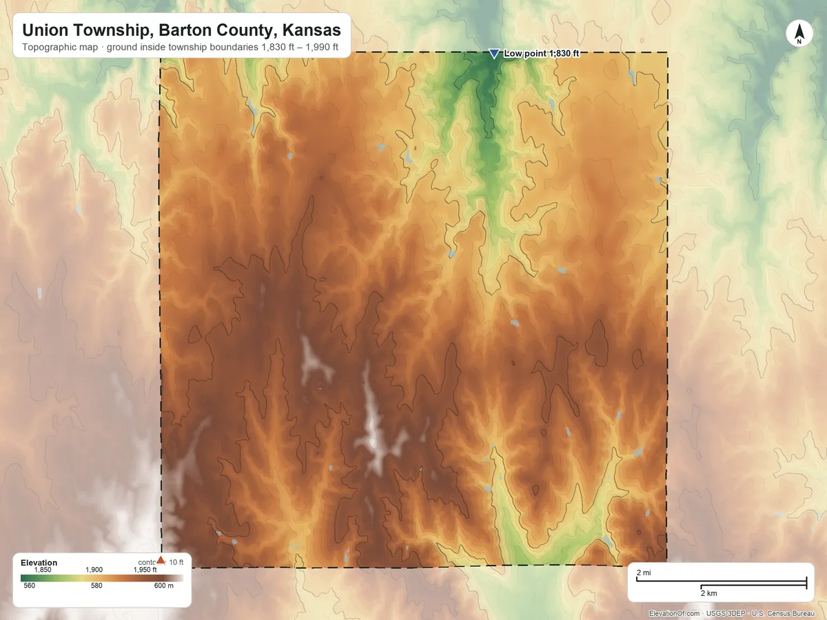 Topographic elevation map of Union Township, Barton County, Kansas, shaded from 1,830 ft on the northeast side to 1,990 ft on the southwest side