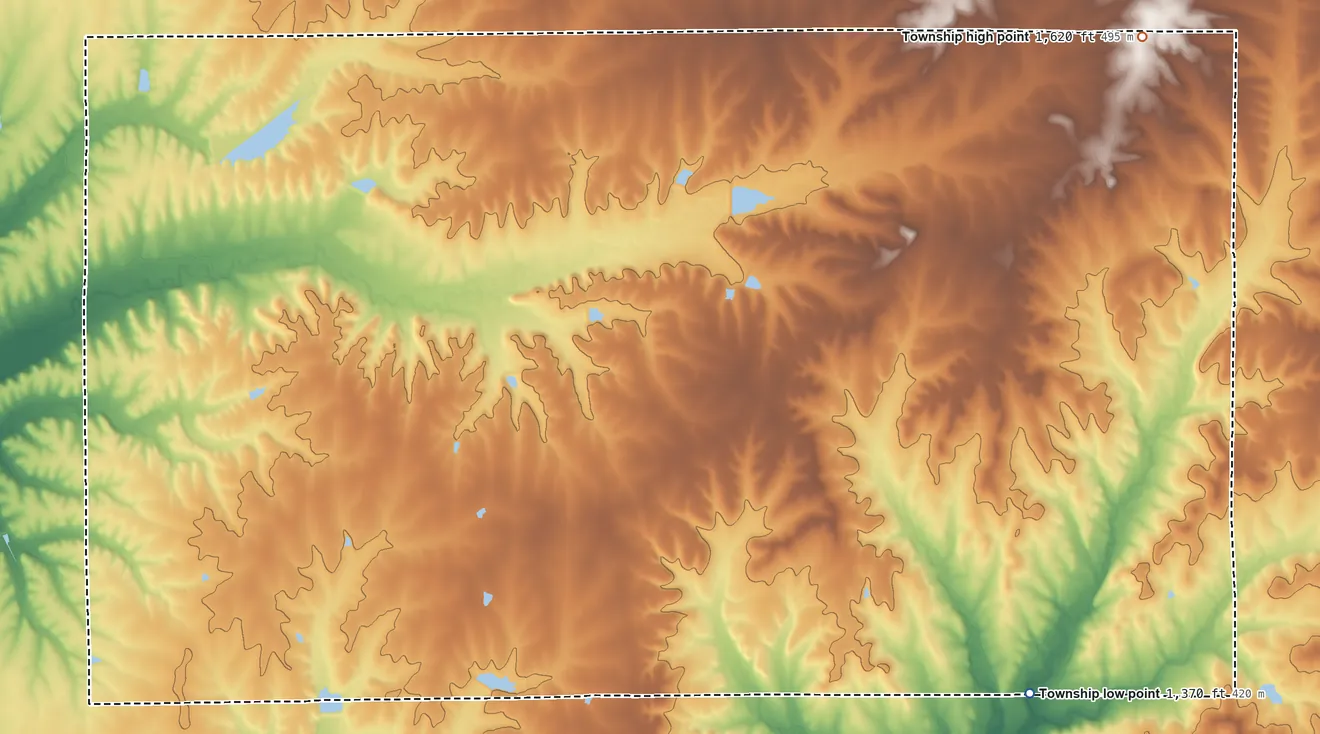 Topographic elevation map of Union Township, Butler County, Kansas, shaded from 1,370 ft on the southeast side to 1,620 ft on the east side