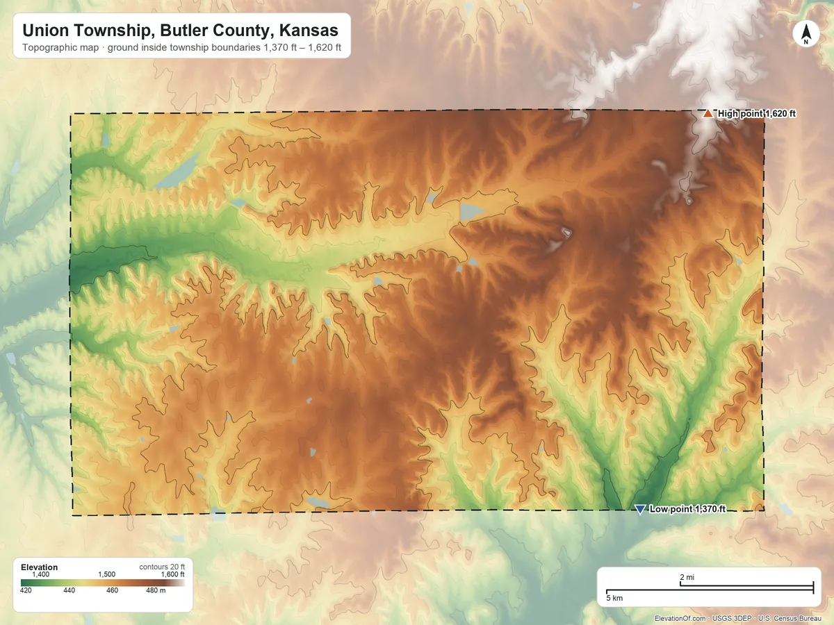 Topographic elevation map of Union Township, Butler County, Kansas, shaded from 1,370 ft on the southeast side to 1,620 ft on the east side