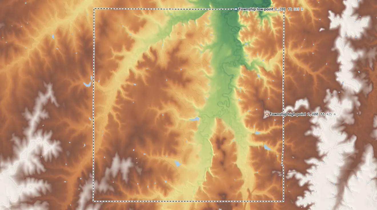Topographic elevation map of Union Township, Dickinson County, Kansas, shaded from 1,200 ft on the northeast side to 1,400 ft on the east side