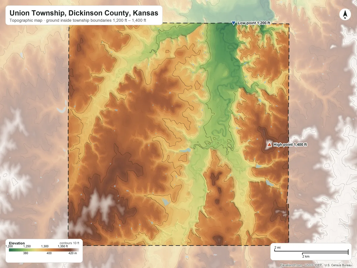 Topographic elevation map of Union Township, Dickinson County, Kansas, shaded from 1,200 ft on the northeast side to 1,400 ft on the east side