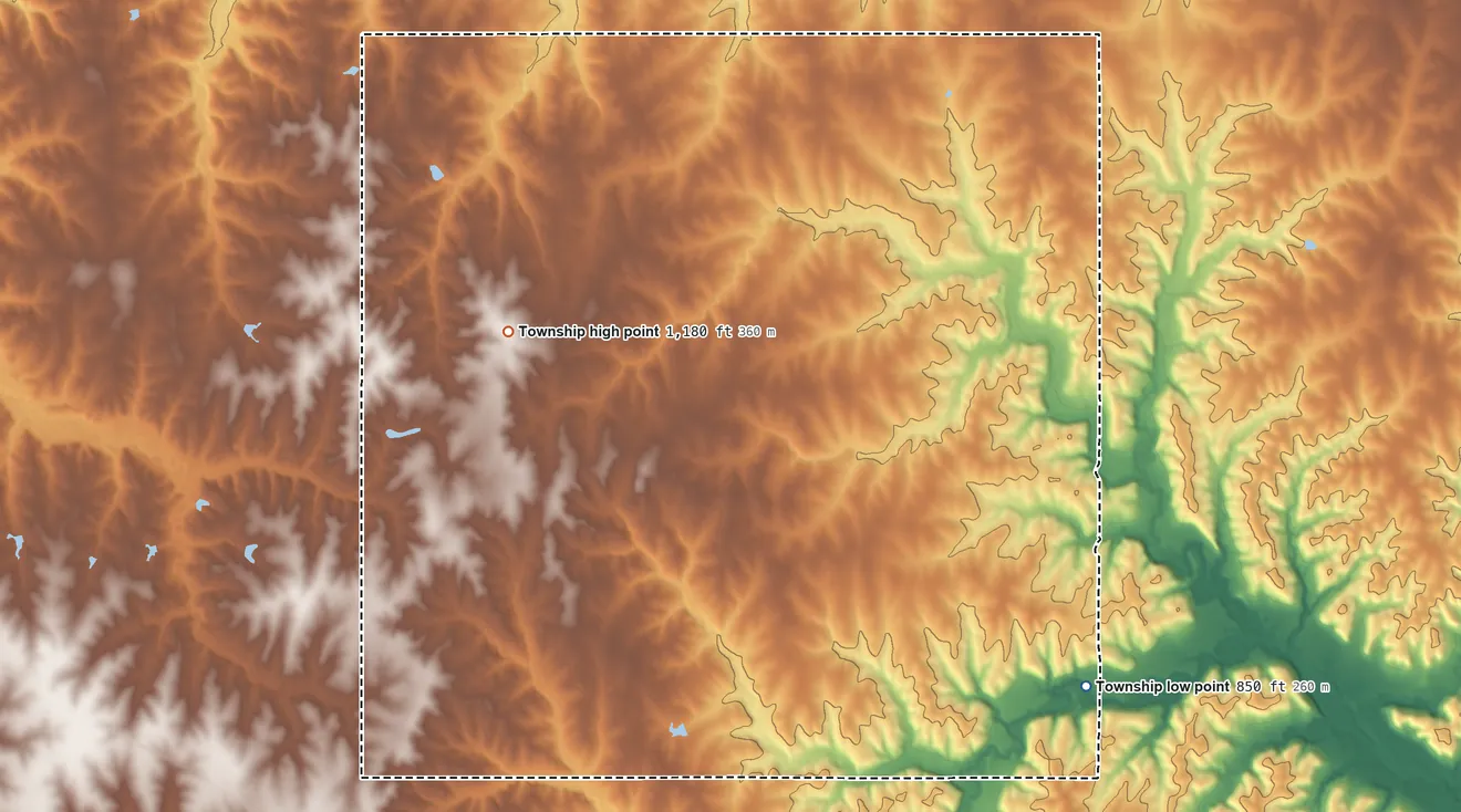 Topographic elevation map of Union Township, Doniphan County, Kansas, shaded from 850 ft on the southeast side to 1,180 ft on the west side