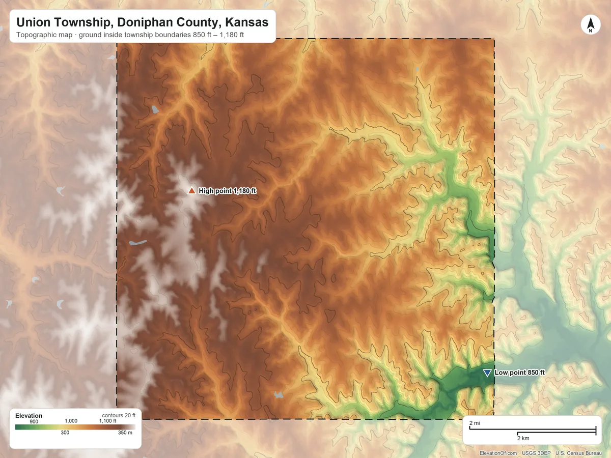 Topographic elevation map of Union Township, Doniphan County, Kansas, shaded from 850 ft on the southeast side to 1,180 ft on the west side
