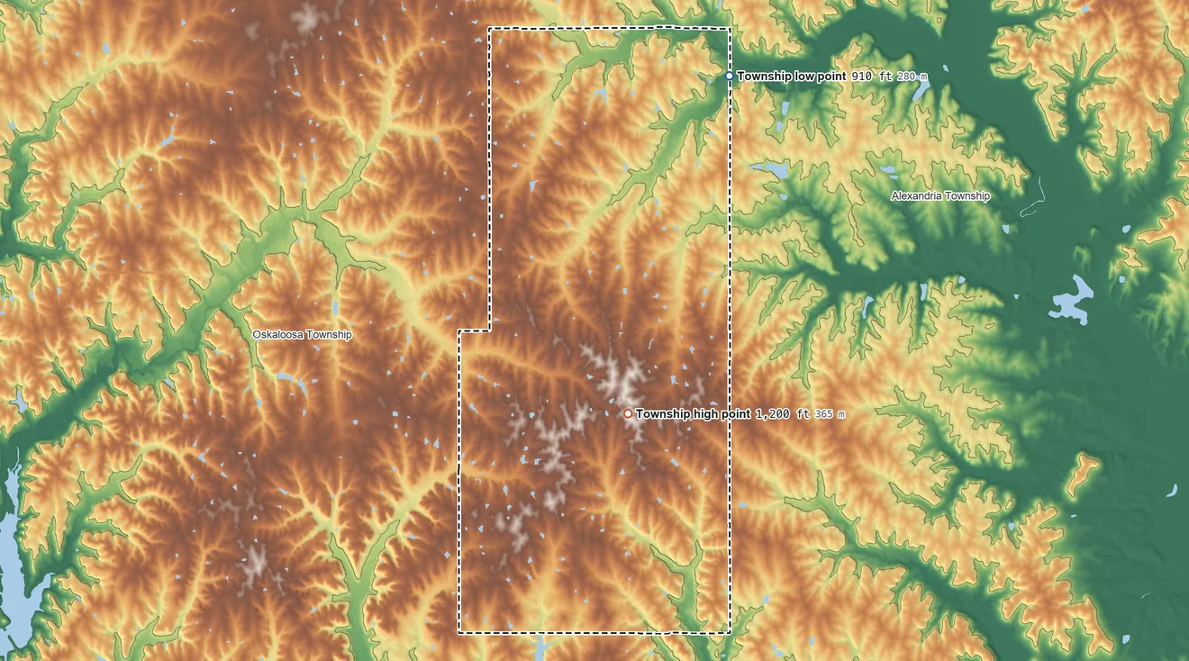 Topographic elevation map of Union Township, Jefferson County, Kansas, shaded from 910 ft on the north side to 1,200 ft near the middle