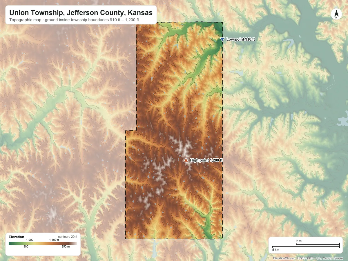 Topographic elevation map of Union Township, Jefferson County, Kansas, shaded from 910 ft on the north side to 1,200 ft near the middle