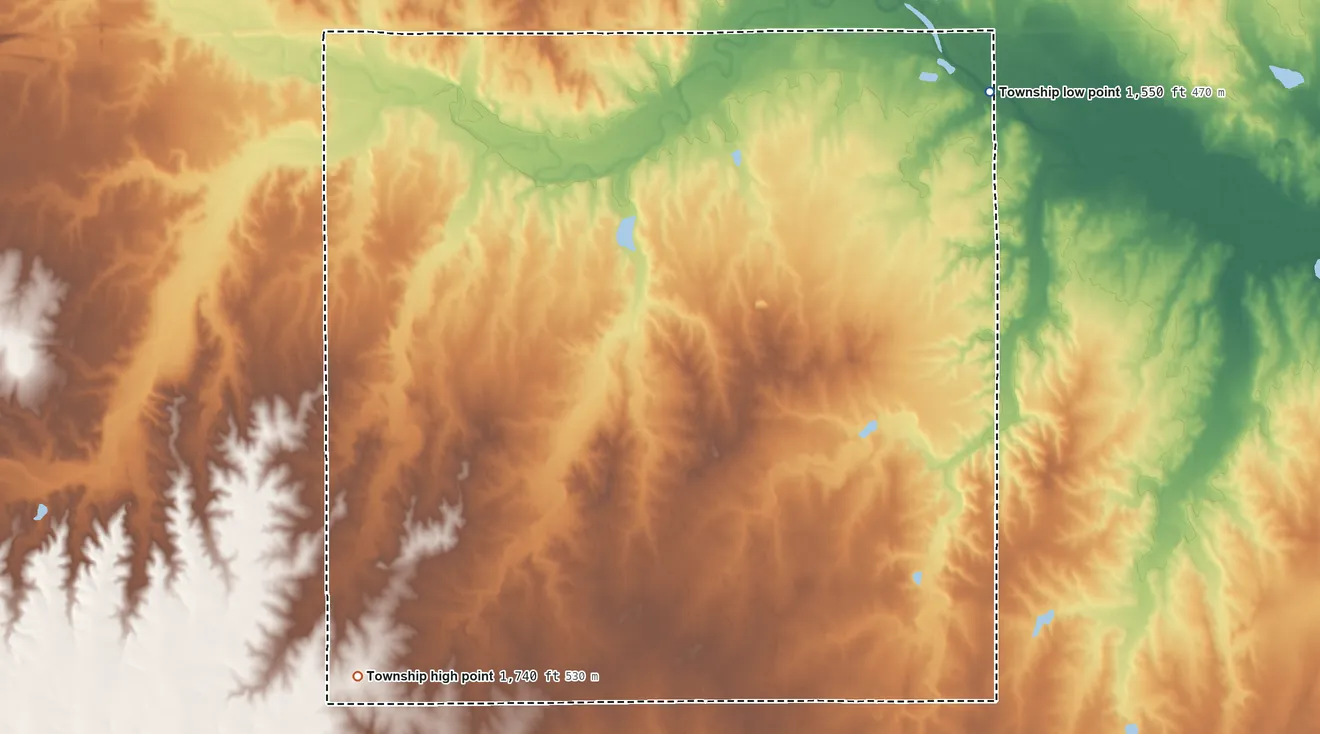 Topographic elevation map of Union Township, Kingman County, Kansas, shaded from 1,550 ft on the northeast side to 1,740 ft on the southwest side