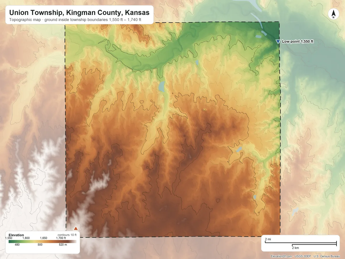 Topographic elevation map of Union Township, Kingman County, Kansas, shaded from 1,550 ft on the northeast side to 1,740 ft on the southwest side