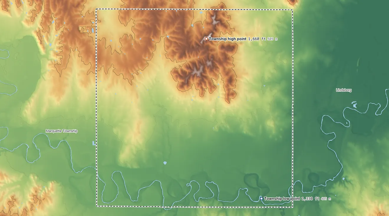 Topographic elevation map of Union Township, McPherson County, Kansas, shaded from 1,330 ft on the southeast side to 1,660 ft on the north side