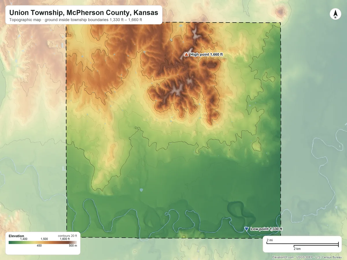 Topographic elevation map of Union Township, McPherson County, Kansas, shaded from 1,330 ft on the southeast side to 1,660 ft on the north side