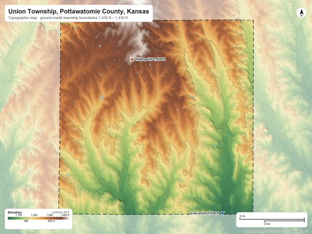 Topographic elevation map of Union Township, Pottawatomie County, Kansas, shaded from 1,030 ft on the southeast side to 1,430 ft on the north side
