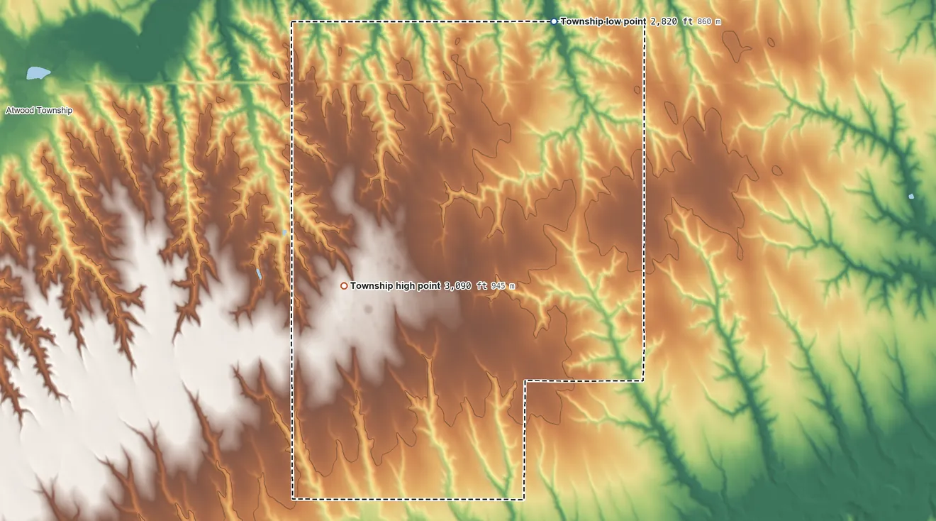 Topographic elevation map of Union Township, Rawlins County, Kansas, shaded from 2,820 ft on the northeast side to 3,090 ft on the southwest side
