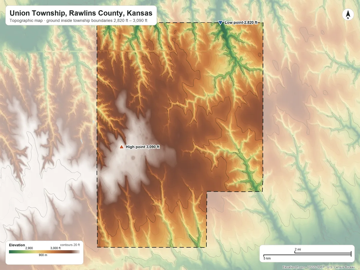 Topographic elevation map of Union Township, Rawlins County, Kansas, shaded from 2,820 ft on the northeast side to 3,090 ft on the southwest side