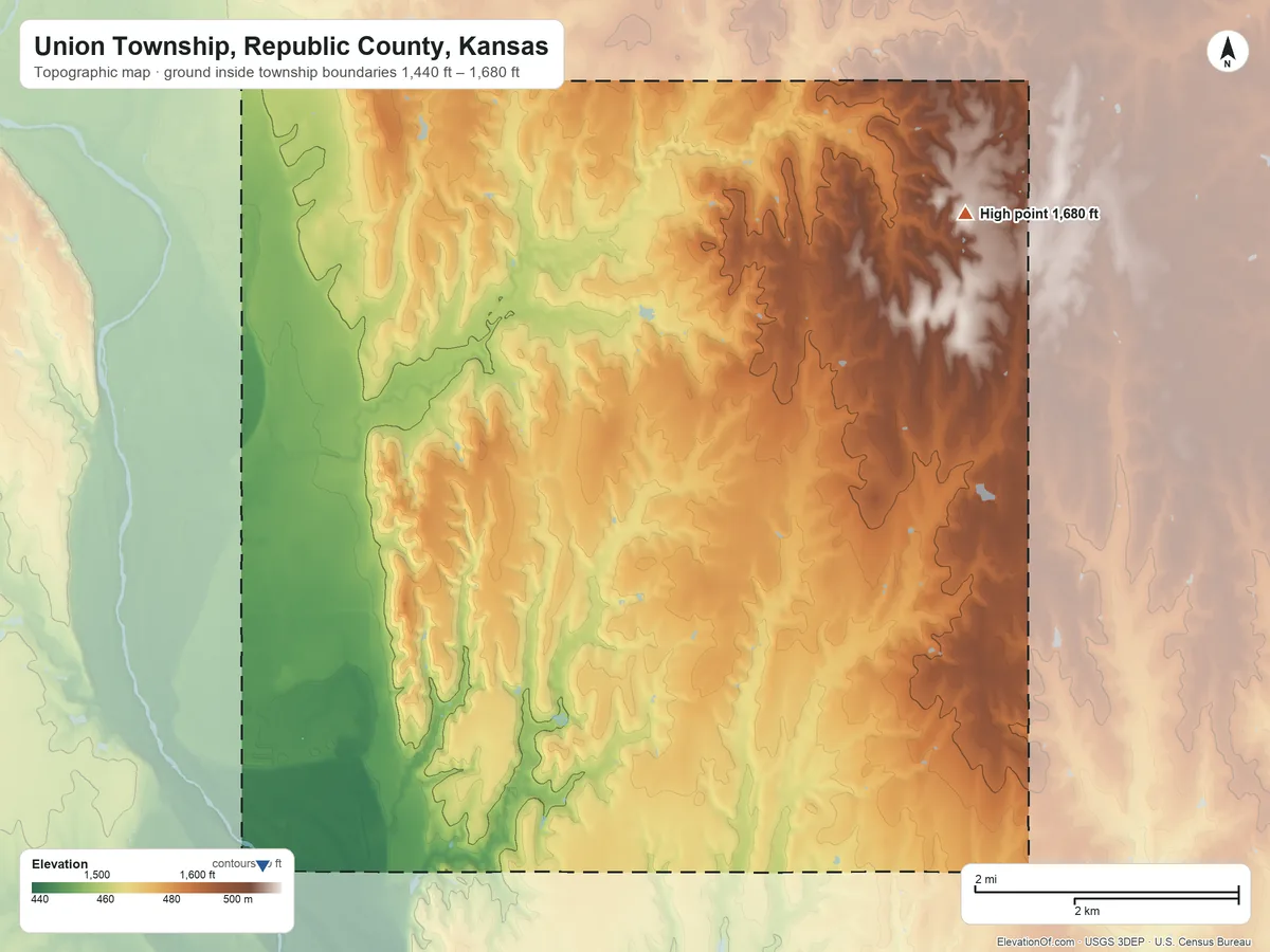 Topographic elevation map of Union Township, Republic County, Kansas, shaded from 1,440 ft on the southwest side to 1,680 ft on the northeast side