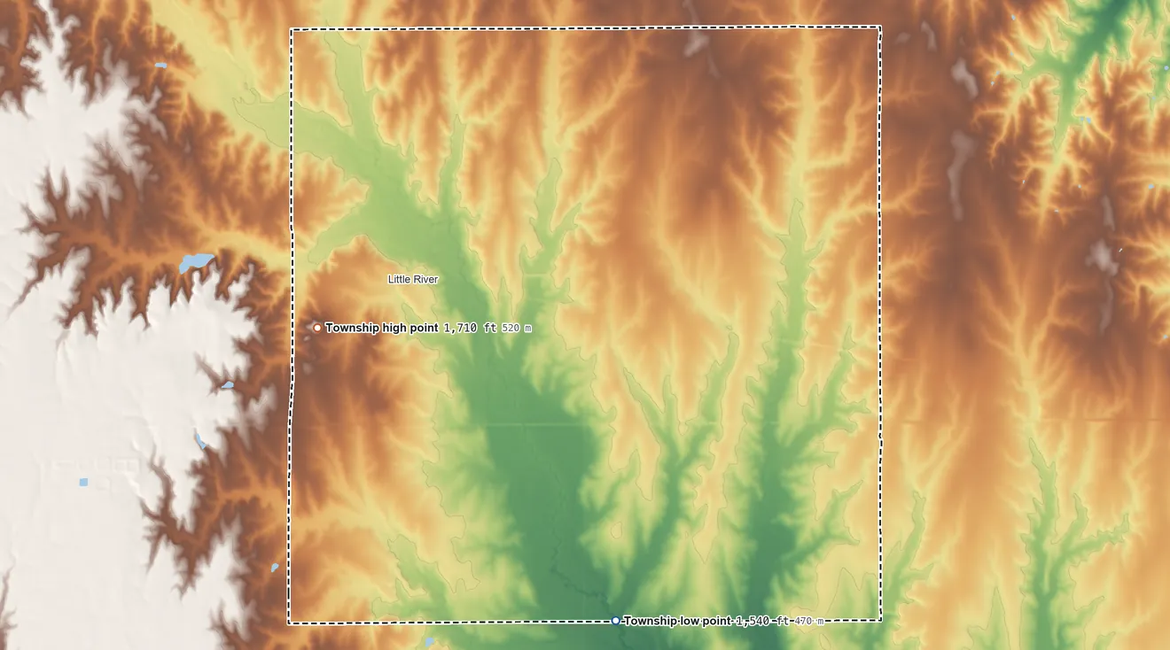 Topographic elevation map of Union Township, Rice County, Kansas, shaded from 1,540 ft on the southeast side to 1,710 ft on the west side