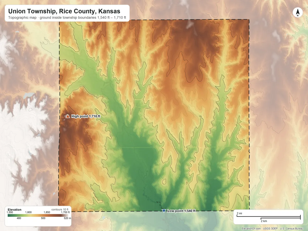 Topographic elevation map of Union Township, Rice County, Kansas, shaded from 1,540 ft on the southeast side to 1,710 ft on the west side