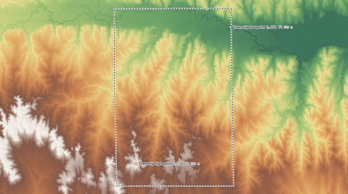 Topographic elevation map of Union Township, Rush County, Kansas, shaded from 2,000 ft on the northeast side to 2,290 ft on the south side