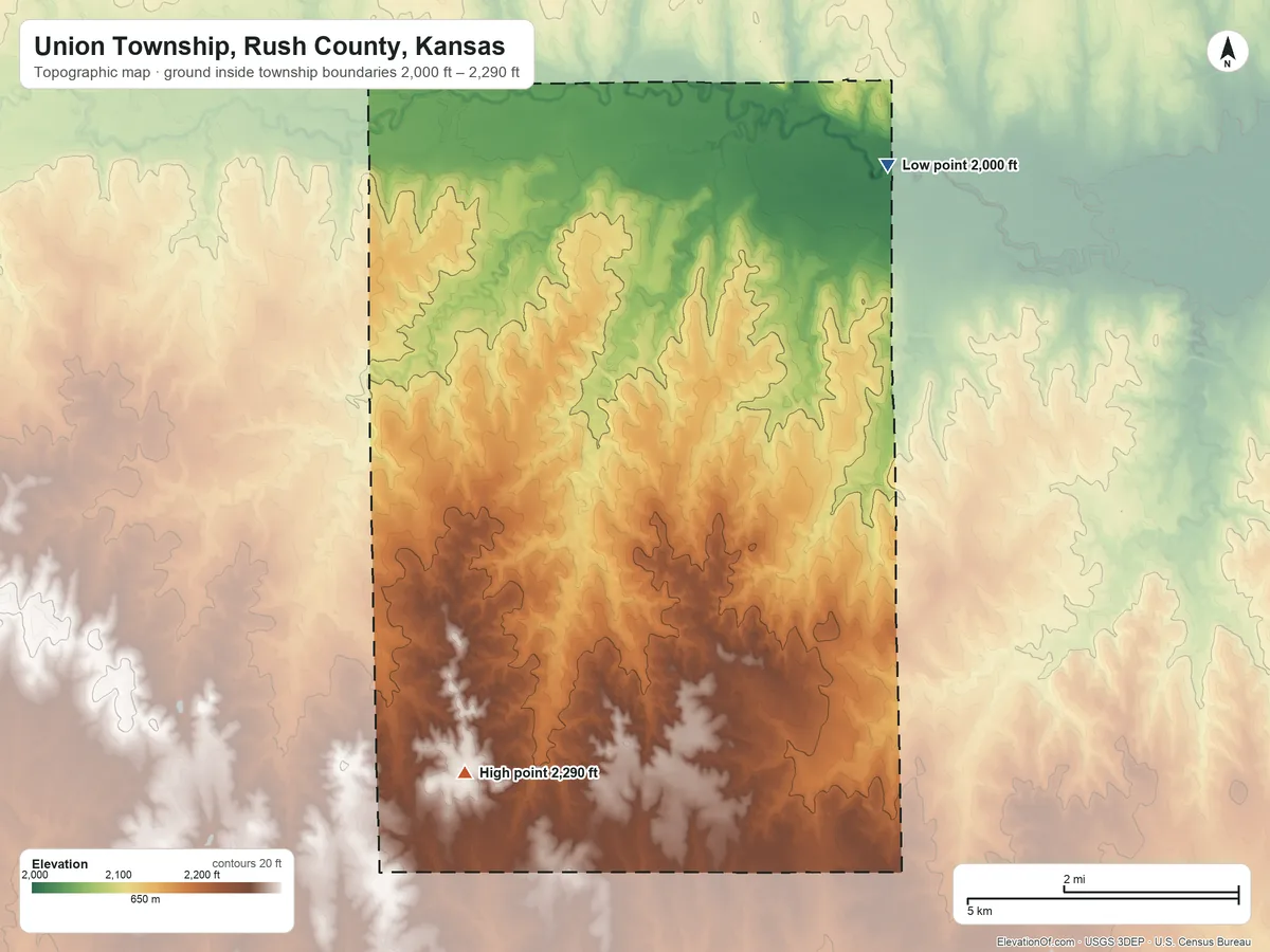 Topographic elevation map of Union Township, Rush County, Kansas, shaded from 2,000 ft on the northeast side to 2,290 ft on the south side