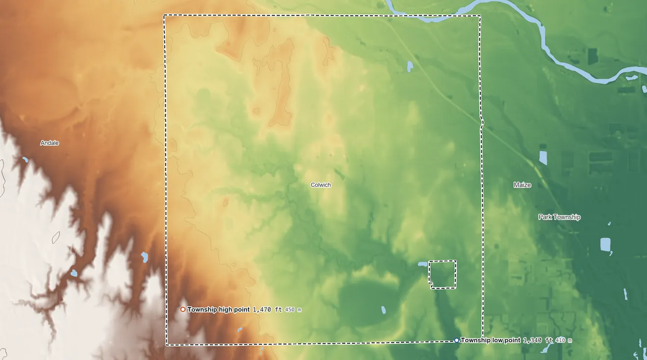 Topographic elevation map of Union Township, Kansas, shaded from 1,340 ft on the southeast side to 1,470 ft on the southwest side