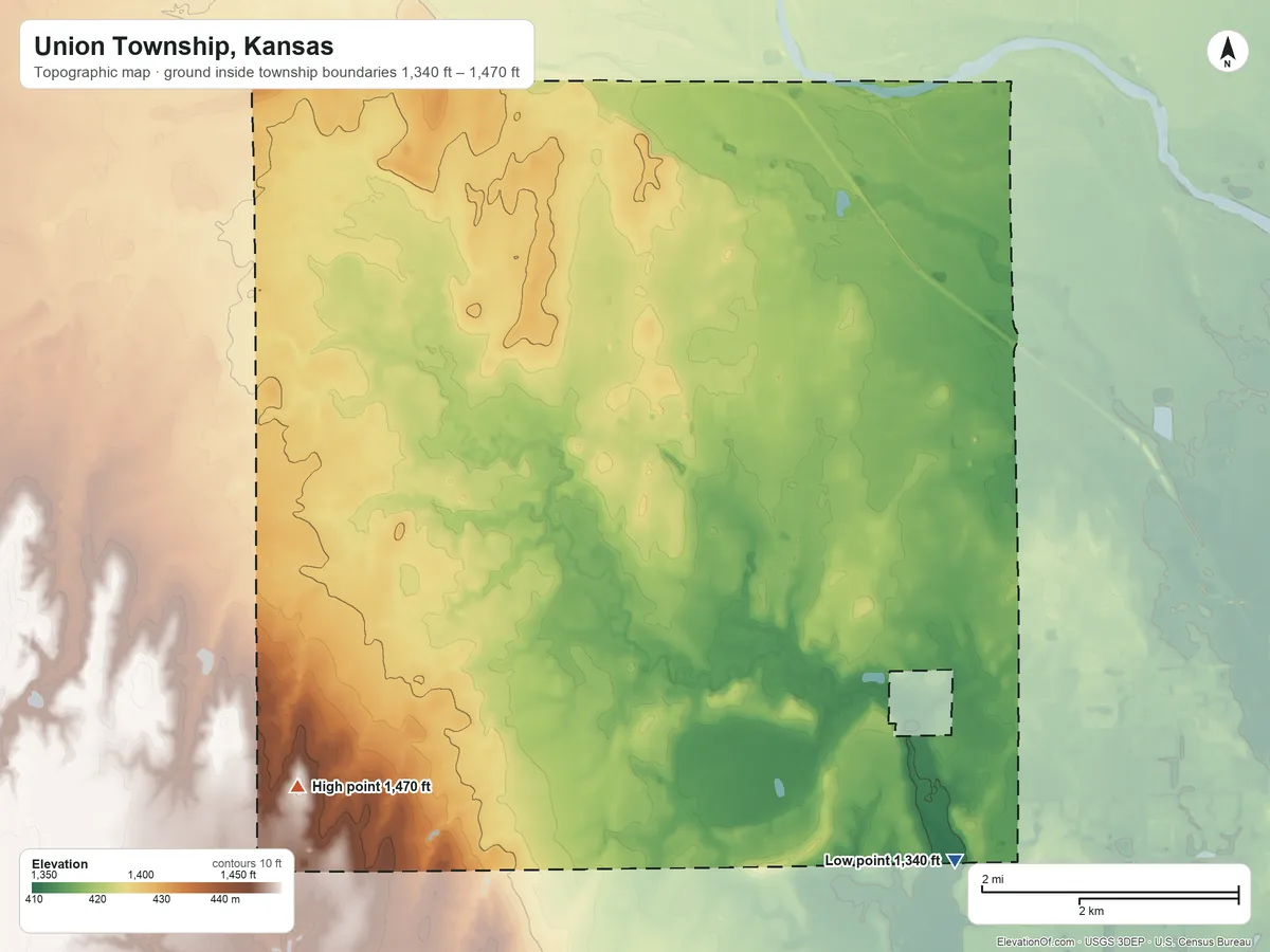 Topographic elevation map of Union Township, Kansas, shaded from 1,340 ft on the southeast side to 1,470 ft on the southwest side